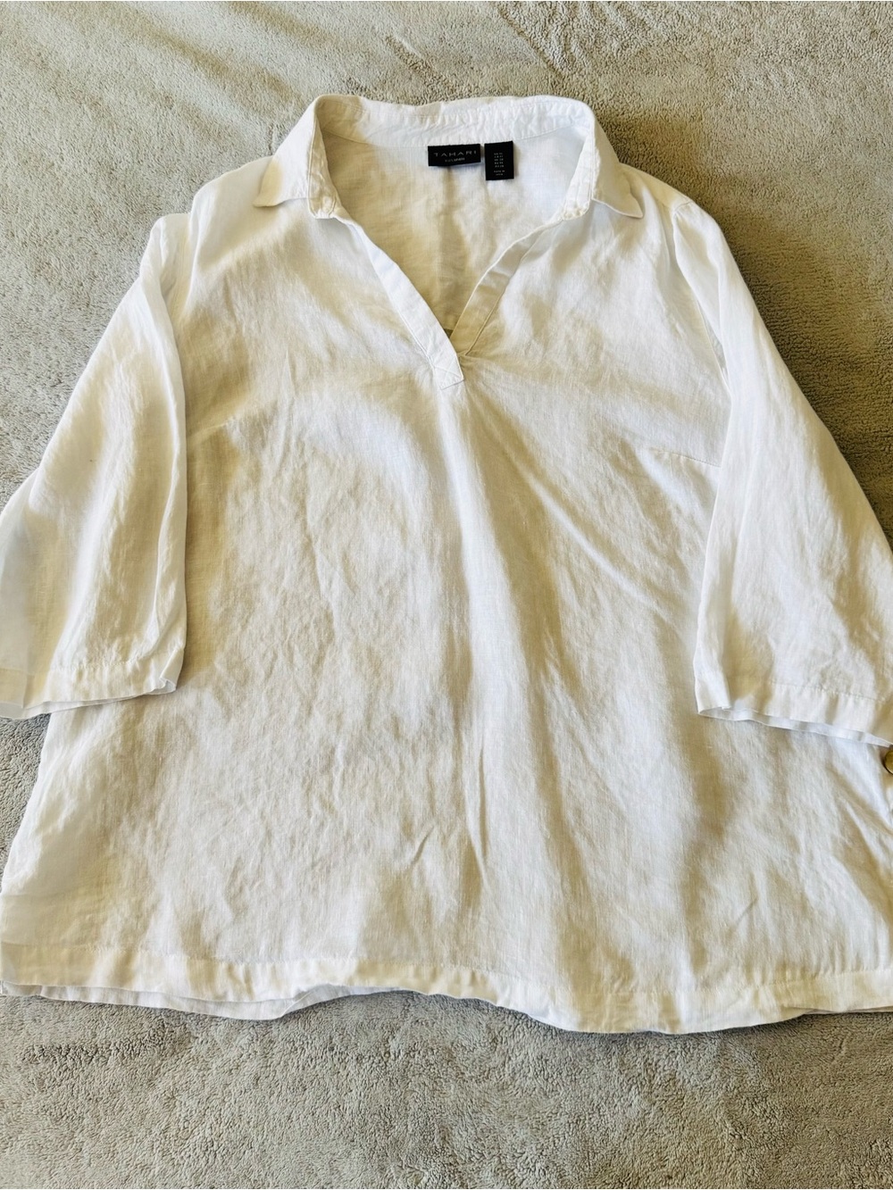 Tahari 100% Linen White Popover Tunic Blouse 1X Side Button Plus Flaw